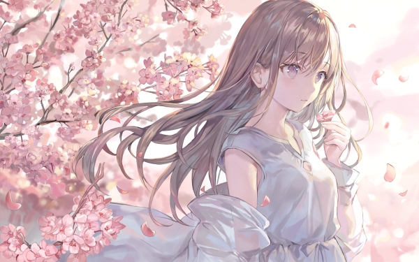 Anime Girl Long Hair Brown Hair Cherry Blossom HD Wallpaper | Background Image