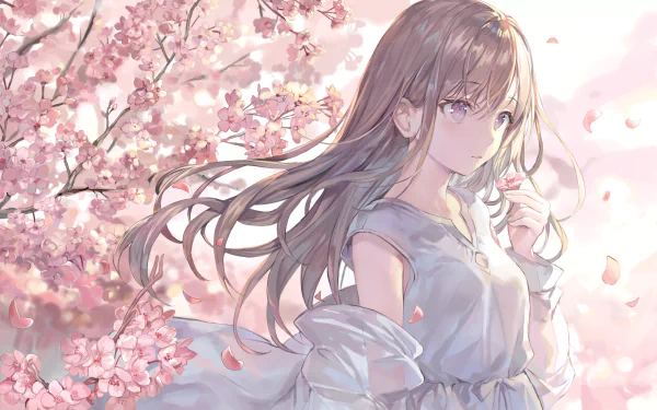 Anime girl with long brown hair surrounded by pink cherry blossoms, capturing a serene spring scene in a high-definition background.