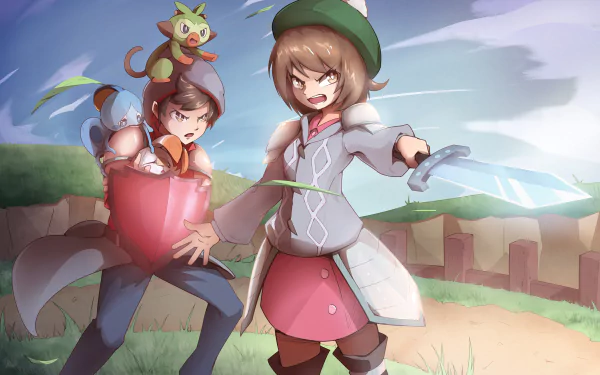 Victor (Pokémon) Gloria (Pokémon) Scorbunny (Pokémon) Sobble (Pokémon) Grookey (Pokémon) video game Pokémon: Sword and Shield HD Desktop Wallpaper | Background Image