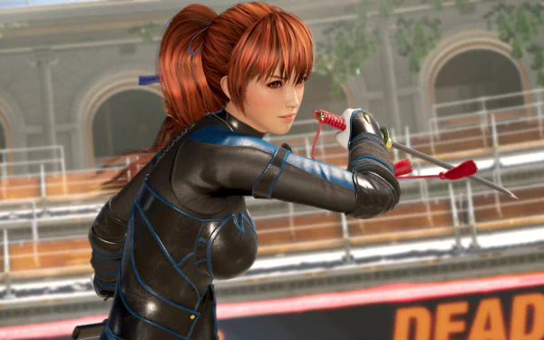 HD desktop wallpaper featuring Kasumi from Dead or Alive 6, poised in a fighting stance with a sleek black outfit.